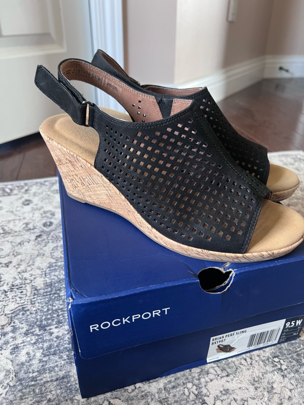 Rockport Black Briah Perforated Slingback Cork Wedge Sandal - Picture 2 of 16